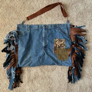 Denim and Brown Fringe Crossbody Bag